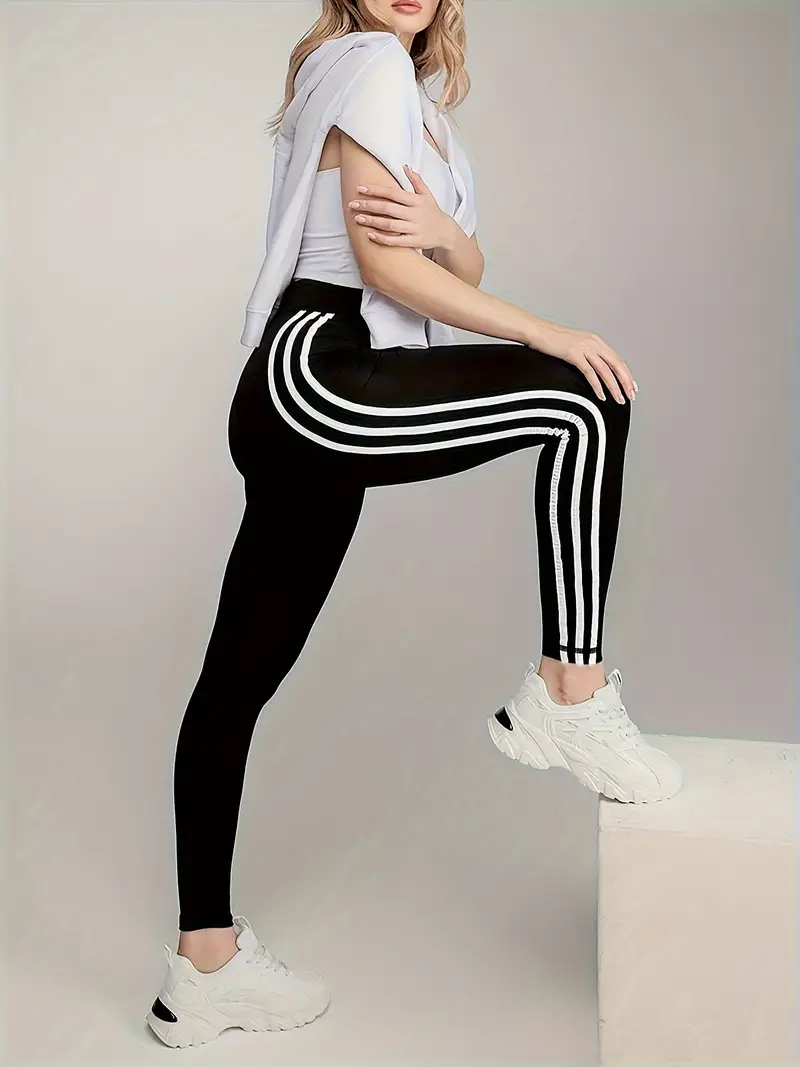 White Side Stripes Print Sporty Pants, Slim Fit High Waist Tummy Control  Yoga Pants, Women's Activewear