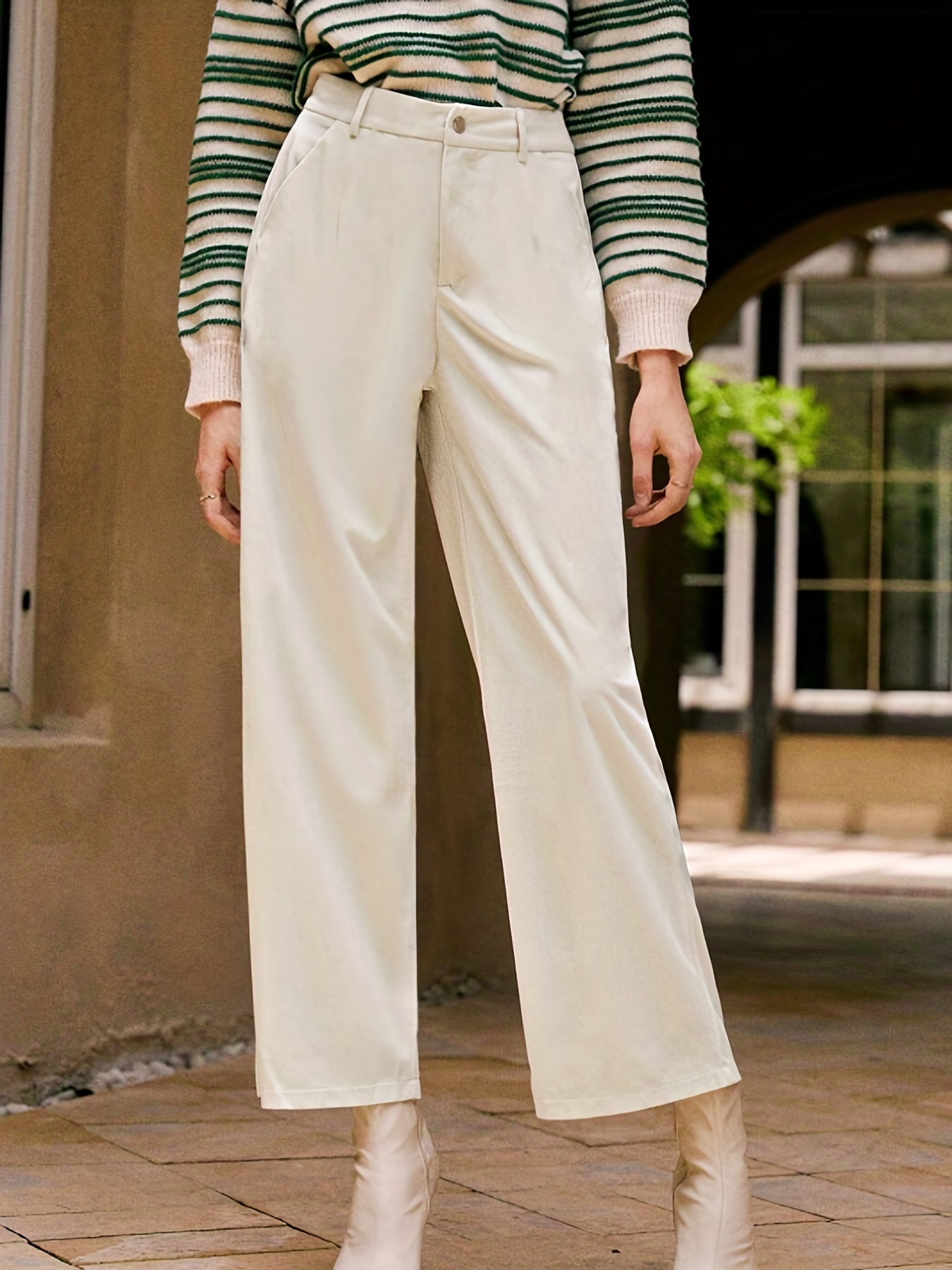 Solid High Waist Tailored Pants, Elegant Long Length Work Office Pants,  Women's Clothing