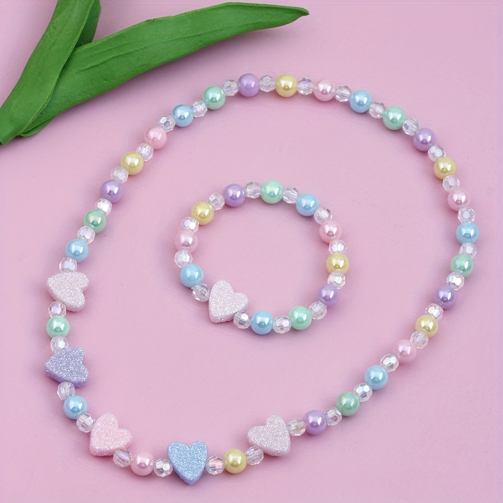 

2pcs Girl's Jewelry Cute Heart Pendant Charm Beaded Necklace & Bracelet Set Girls Accessories, Ideal Choice For Gifts