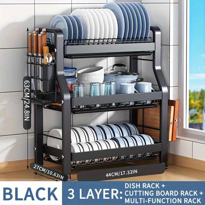 1pc Japanese Style Iron Spray Painted Kitchen Storage Rack With Cutlery &  Dish Drainboard, Double Layer Metal Organizer (black/white)