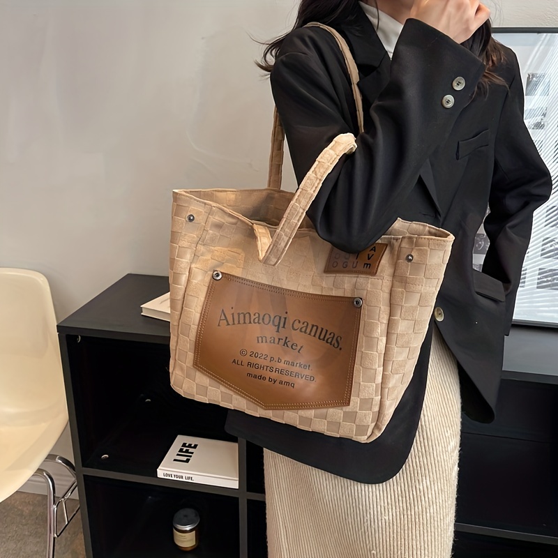 Plaid Embossed Canvas Tote Bag, Letter Patch Decor Shoulder Bag, Fashion  Large Capacity Handbag For Women - Temu Finland