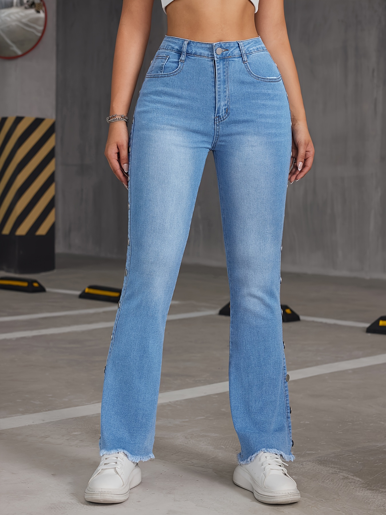 Blue Studded Decor Flare Jeans * Hem High-Stretch Bell Bottom Jeans,  Women's Denim Jeans & Clothing