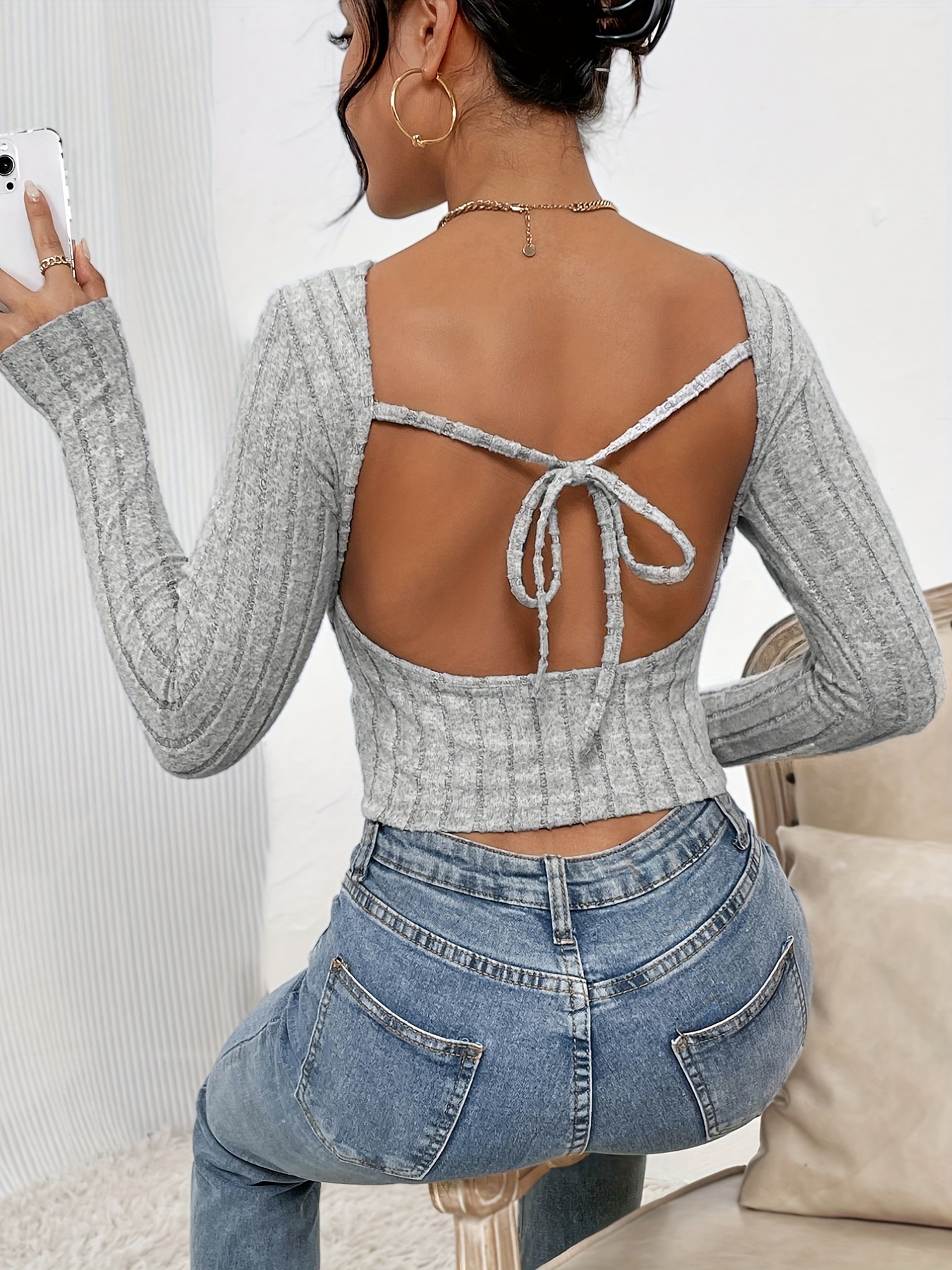 Open Back Ribbed Long Sleeve Shirt