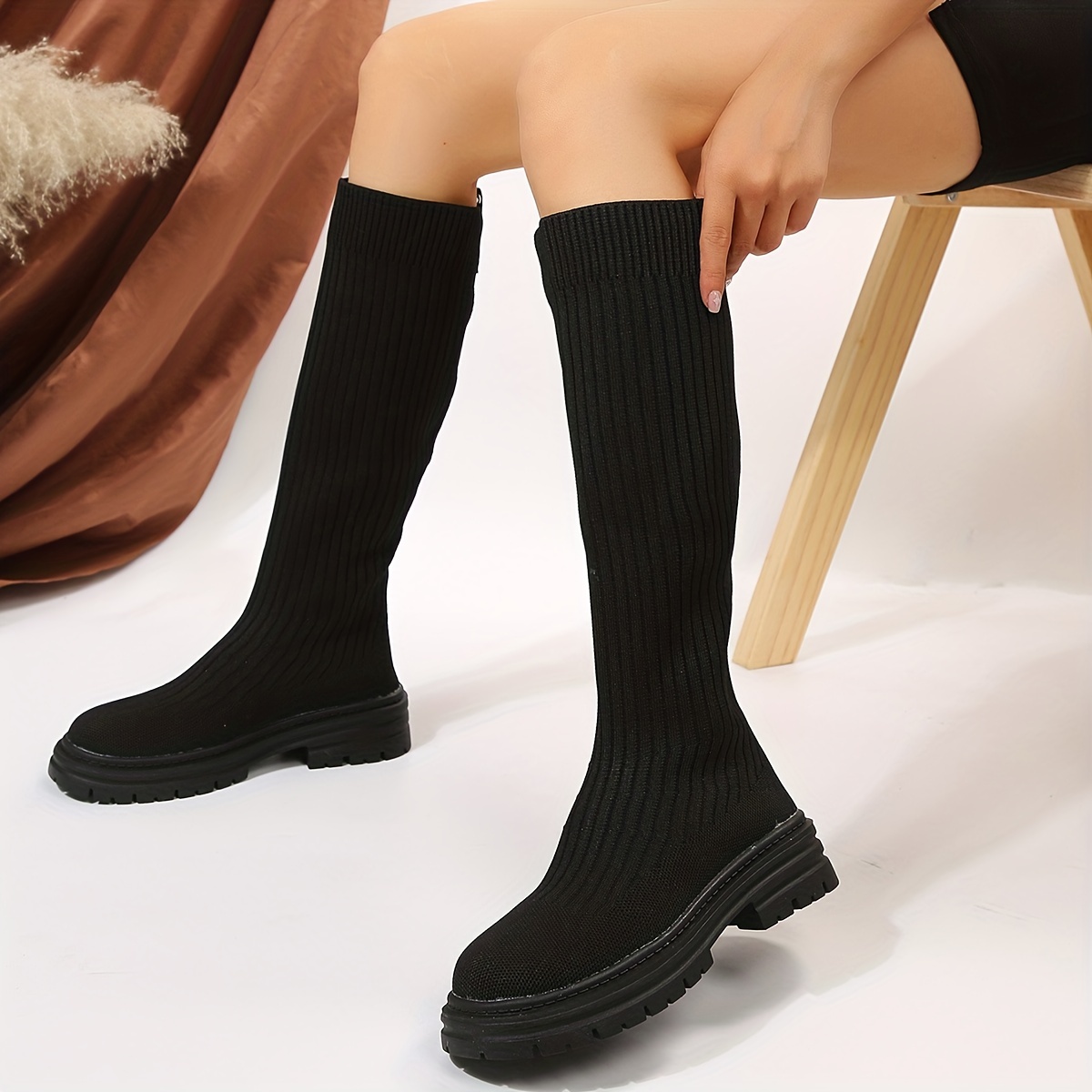 womens solid color minimalist boots slip on casual platform breathable boots mid calf elastic slim knitted boots details 5