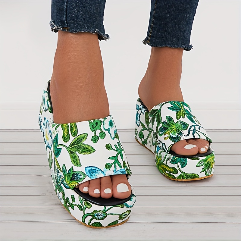 Women's Platform Wedge Sandals Floral Embroidered Open Toe - Temu