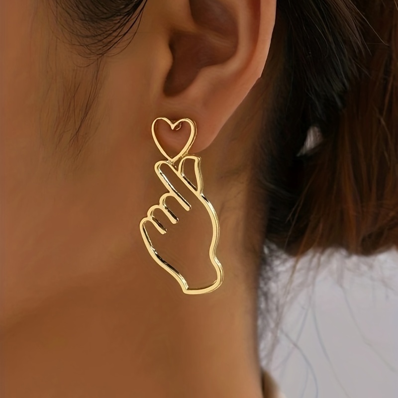 

[ Design] Pair Of Golden-tone '' Gesture Dangle Earrings - Cute & Simple Alloy With Stainless Steel Posts, Ideal For Or Vacation