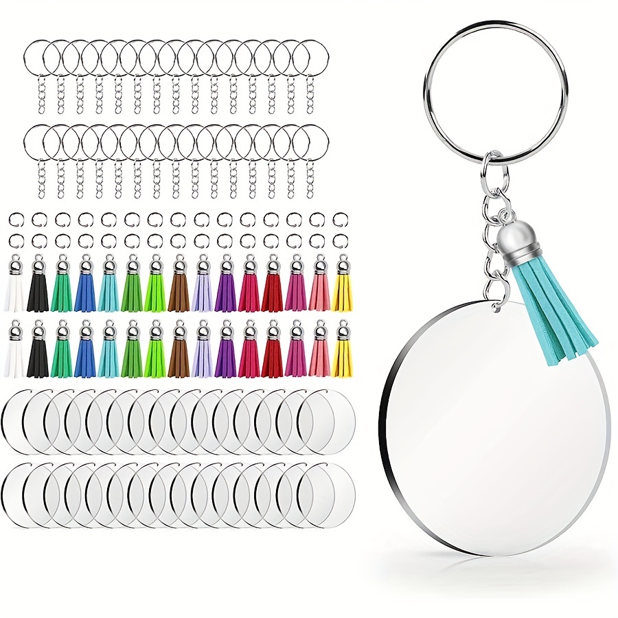 100pcs Clear Blank Keychains Kit Sublimation Blank Keychain Including  Acrylic Blanks Key Chain Rings Small Rings Lobster Clasp and Tassel
