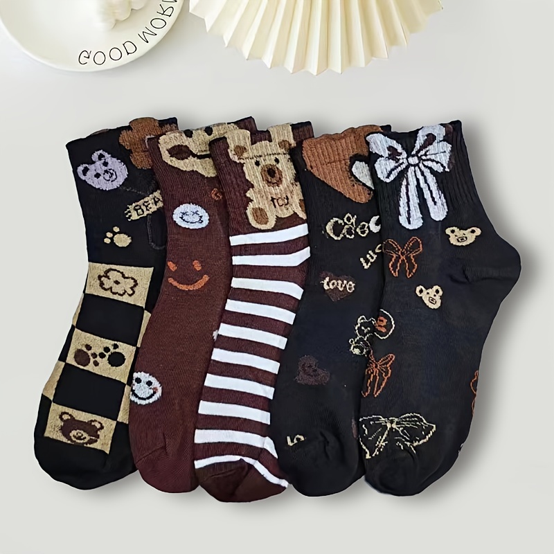 TEMU 5 Pairs Fuzzy Bear Pattern Socks, Mid Tube Socks, Women's Stockings & Hosiery