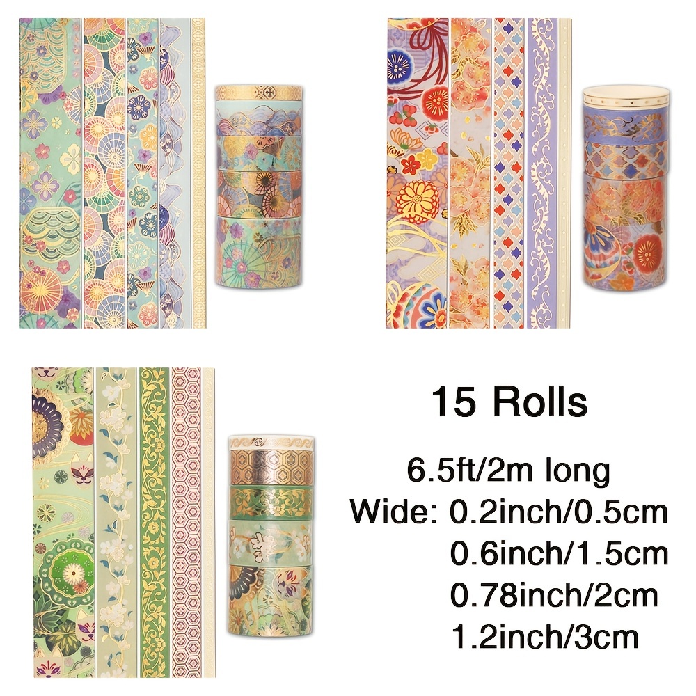 AEBORN Gold Foil Washi Tape - 15 Rolls Vintage Japanese Washi Tape, Wide Pretty Flowers Washi Masking Tape, Perfect for Bullet Journal, Planner, Gift