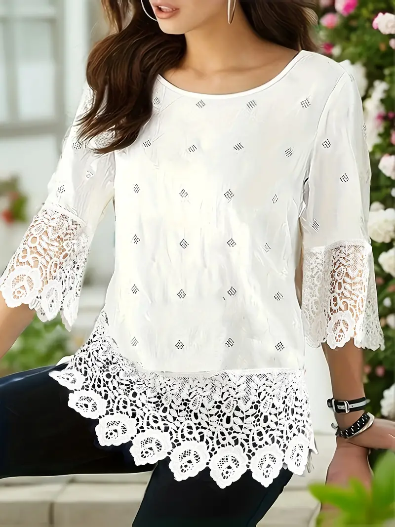 Solid Contrast Lace Trim Blouse, 3/4 Sleeve Round Neck Casual Blouse,  Women's Clothing
