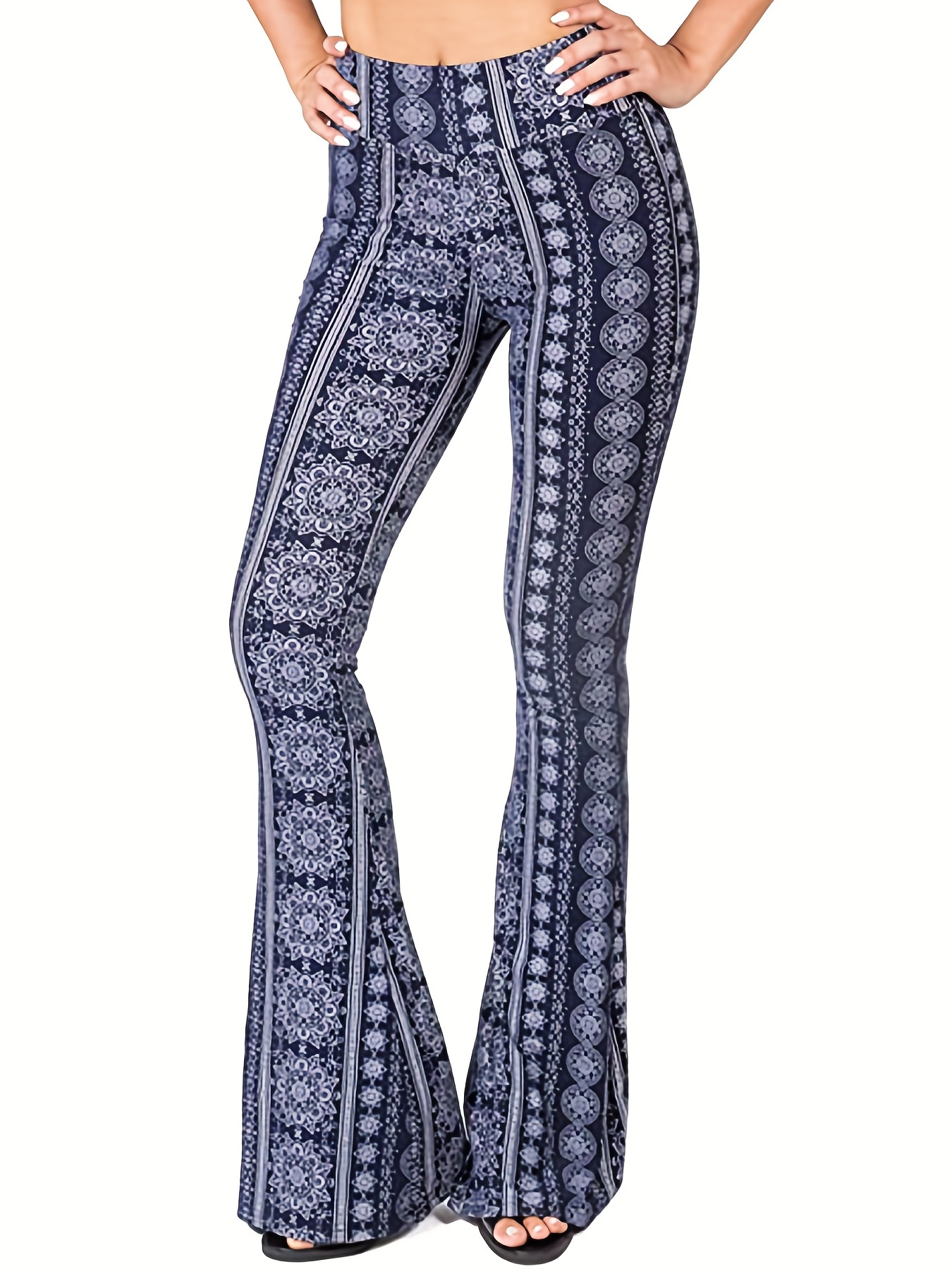 Colorblock Geometric Print Flare Leg Pants, Boho High Waist Pants For  All-season, Women's Clothing