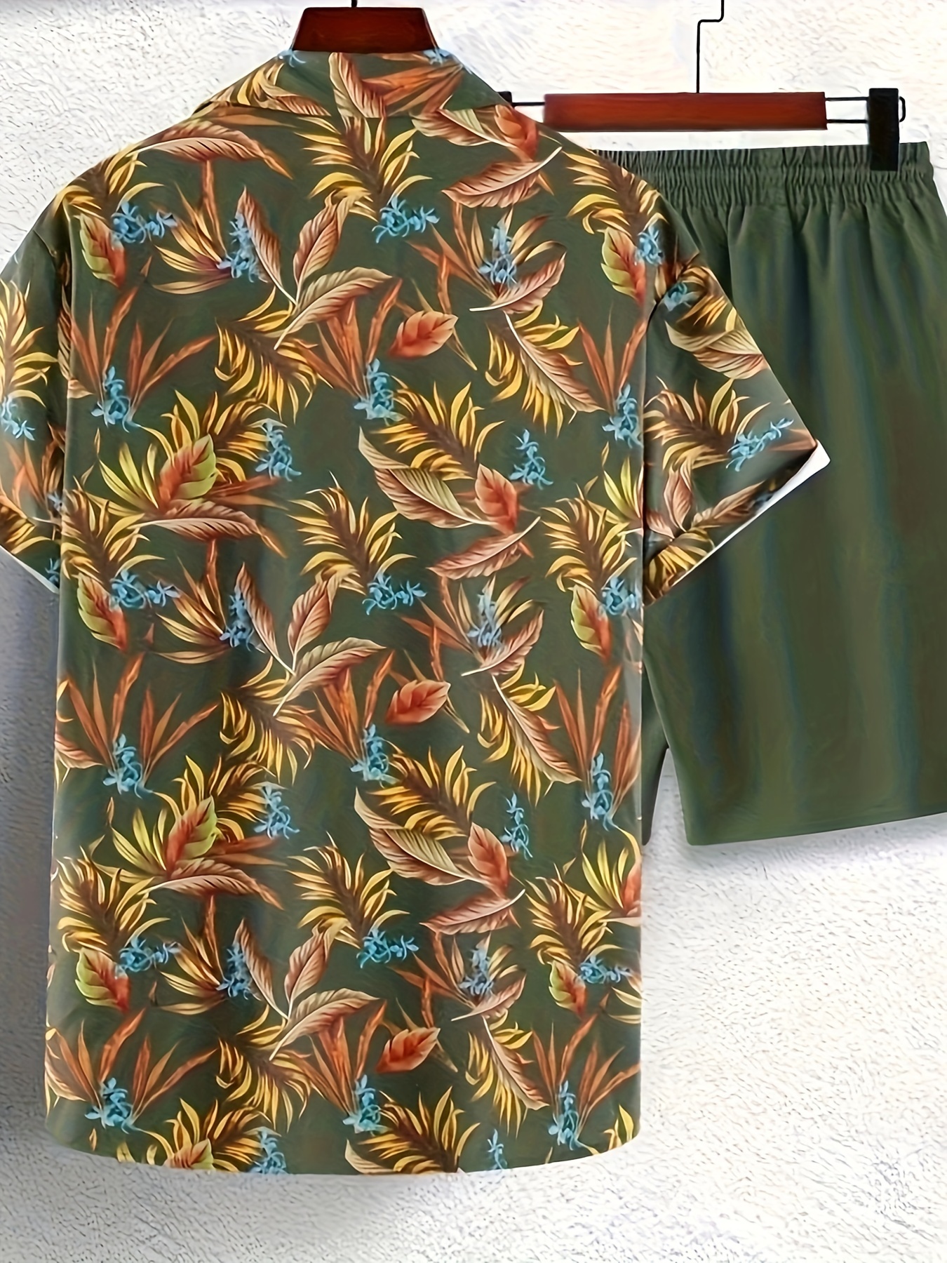 Men's Outfit Set Leaf Pattern Hawaiian Shirt Drawstring - Temu