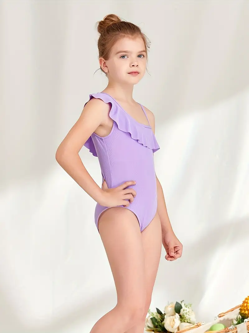 Girl's Swimsuit Solid Color Ruffle Decor Tankini - Temu