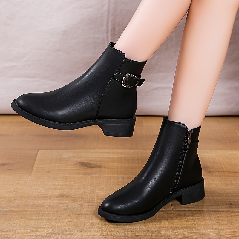 Women's Buckle Strap Short Boots, Chunky Low Heeled Side Zipper Ankle  Boots, All-Match Faux Leather Boots