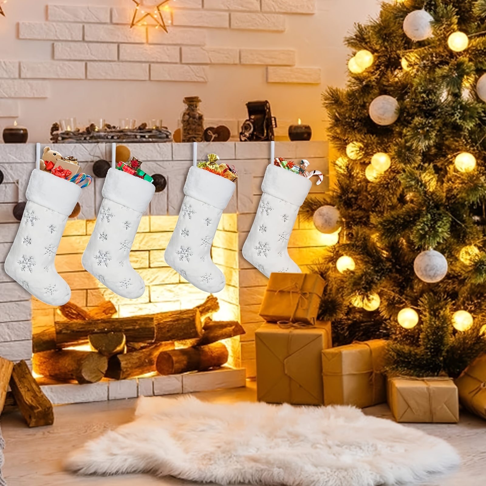 4pcs christmas stockings 20 inch cream white faux fur xmas stockings with silver sequin snowflakes super soft thick plush xmas stockings for christmas decoration holiday decor