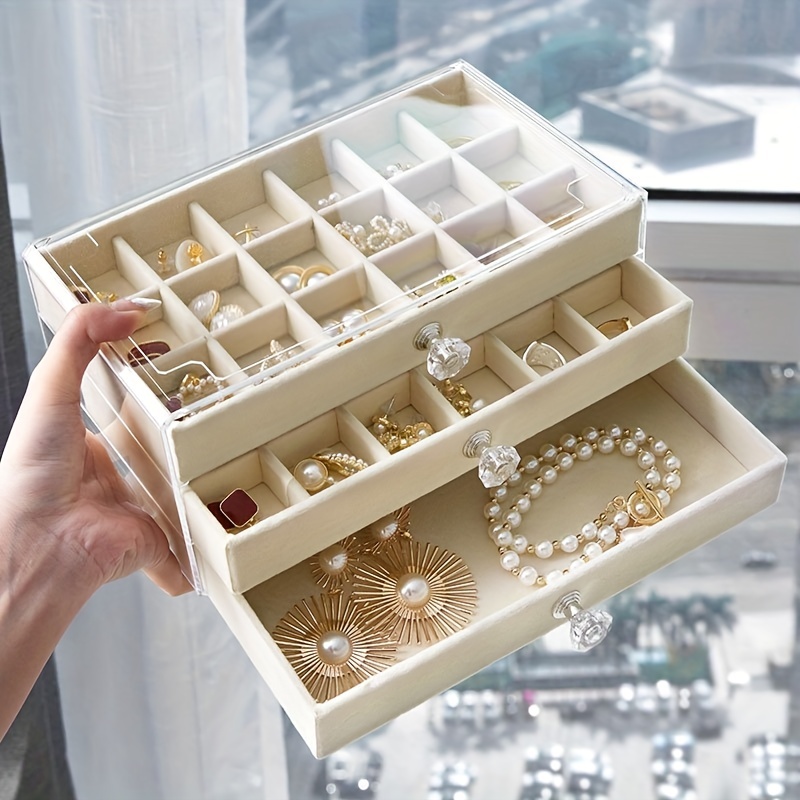 Sharplace Clear Acrylic Jewelry Organizer with 3 Drawers Grey Velvet Jewelry Box Multifunctional for Earring Rings Necklaces Bracelets Sturdy Elegant, Women's