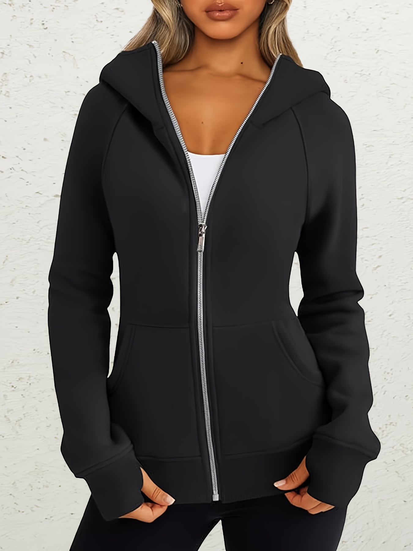 Solid Zip Oversized Hoodie Casual Long Sleeve Pocket Hoodies - Temu