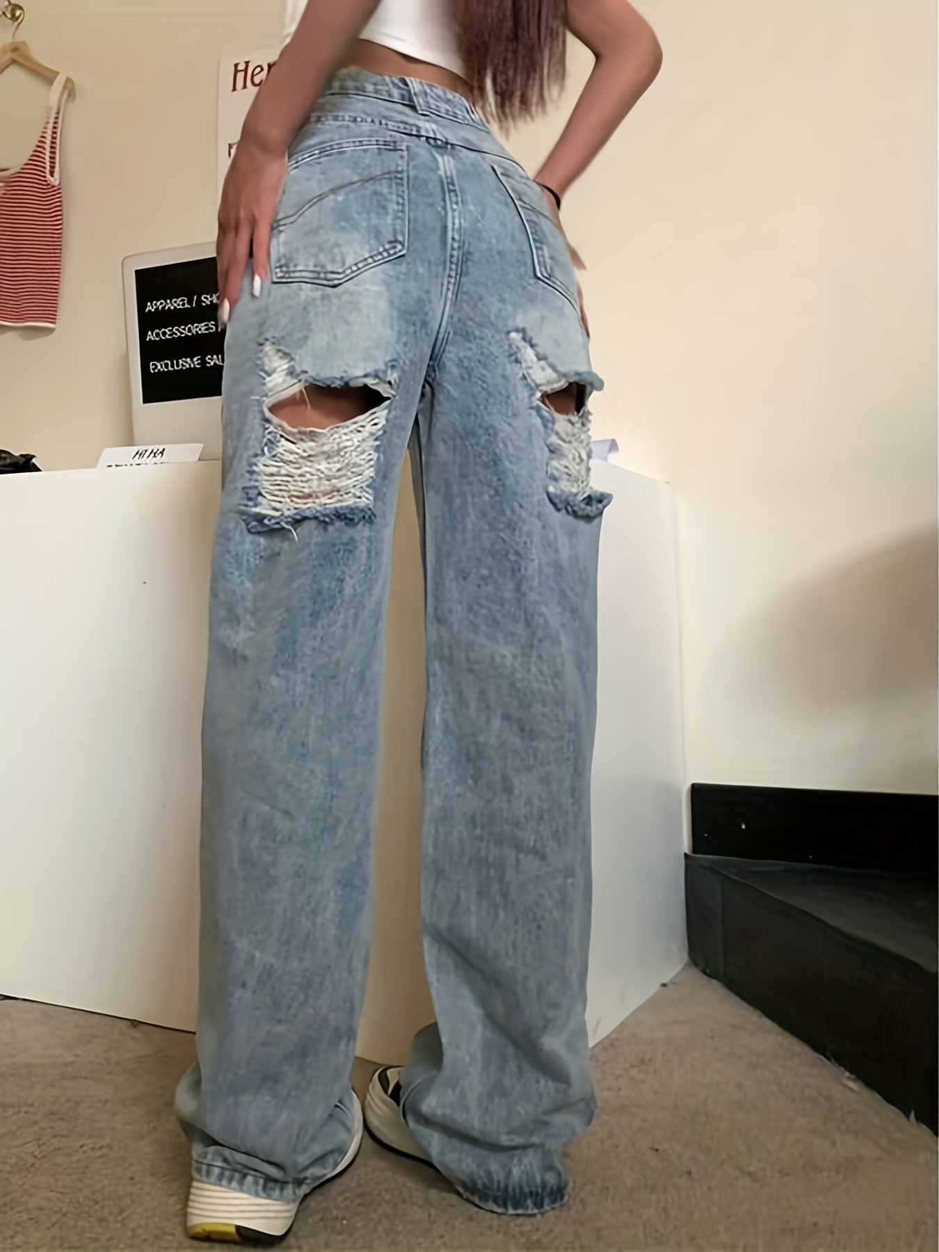 Blue High * Straight Jeans, Ripped Holes Loose Fit Slant Pockets Wide Legs  Jeans, Women's Denim Jeans & Clothing