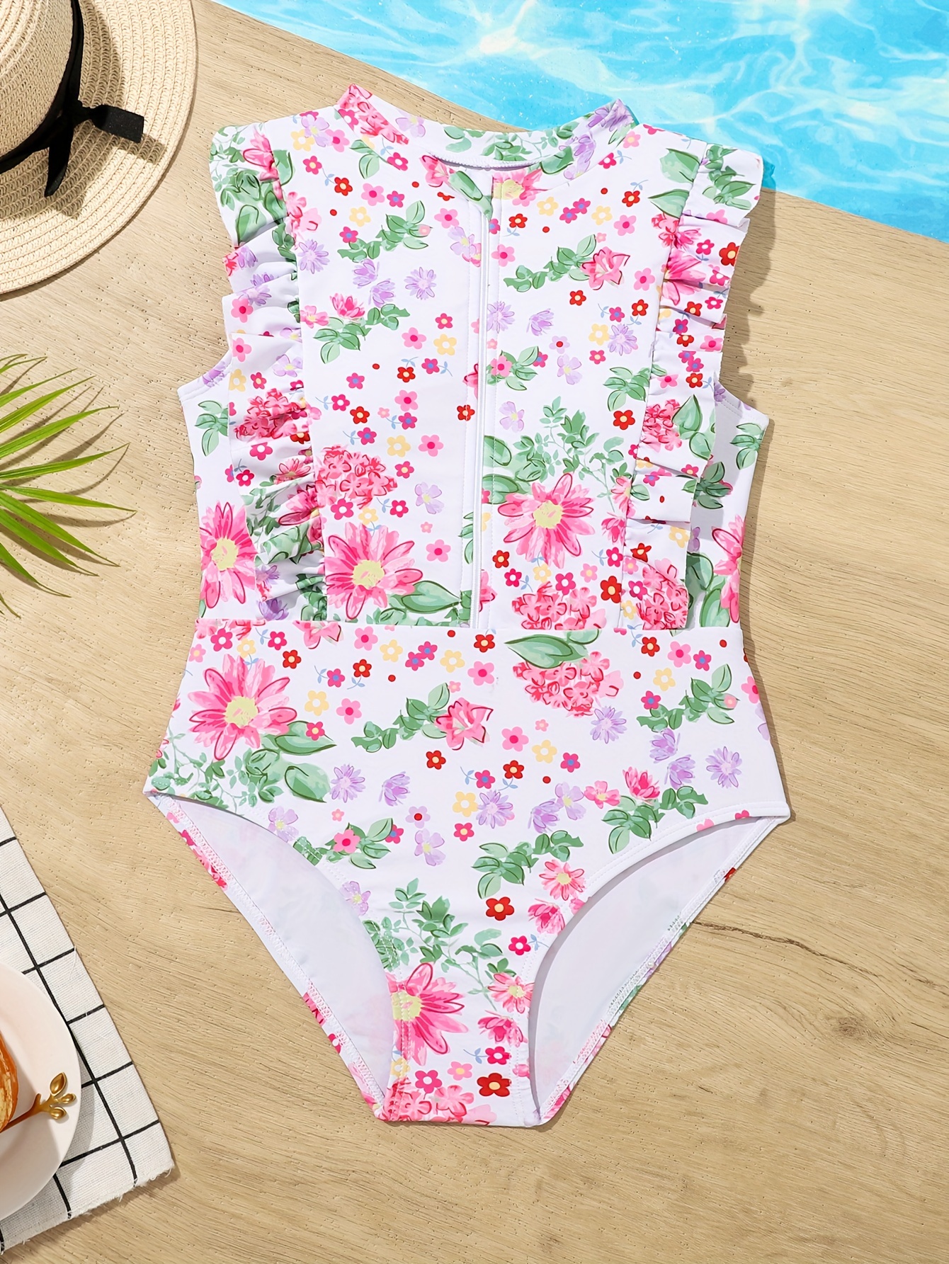 Floral One Piece Swimsuit For Baby Girls With Ruffled Design And