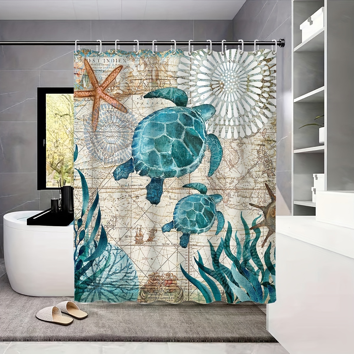 4pcs Sea Turtle Pattern Shower Curtain Set, Decorative Bathroom Set,  Bathroom Rug, U-Shape Mat, Toilet Lid Pad, Waterproof Curtain Including 12  Hooks
