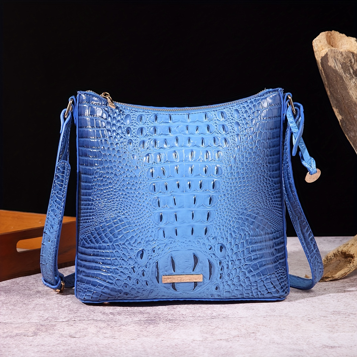 Vintage Crocodile Pattern Glossy Crossbody Bag, Leather Textured Bag Purse,  Classic Versatile Fashion Shoulder Bag
