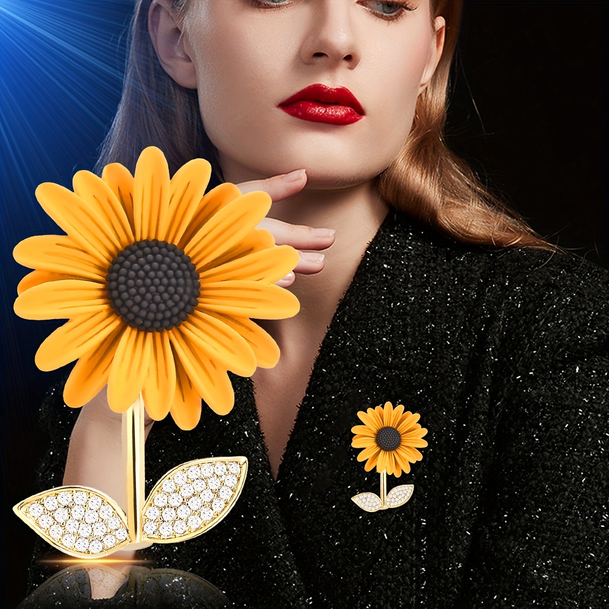 Sunflower Brooch Pin with Rhinestone Decor