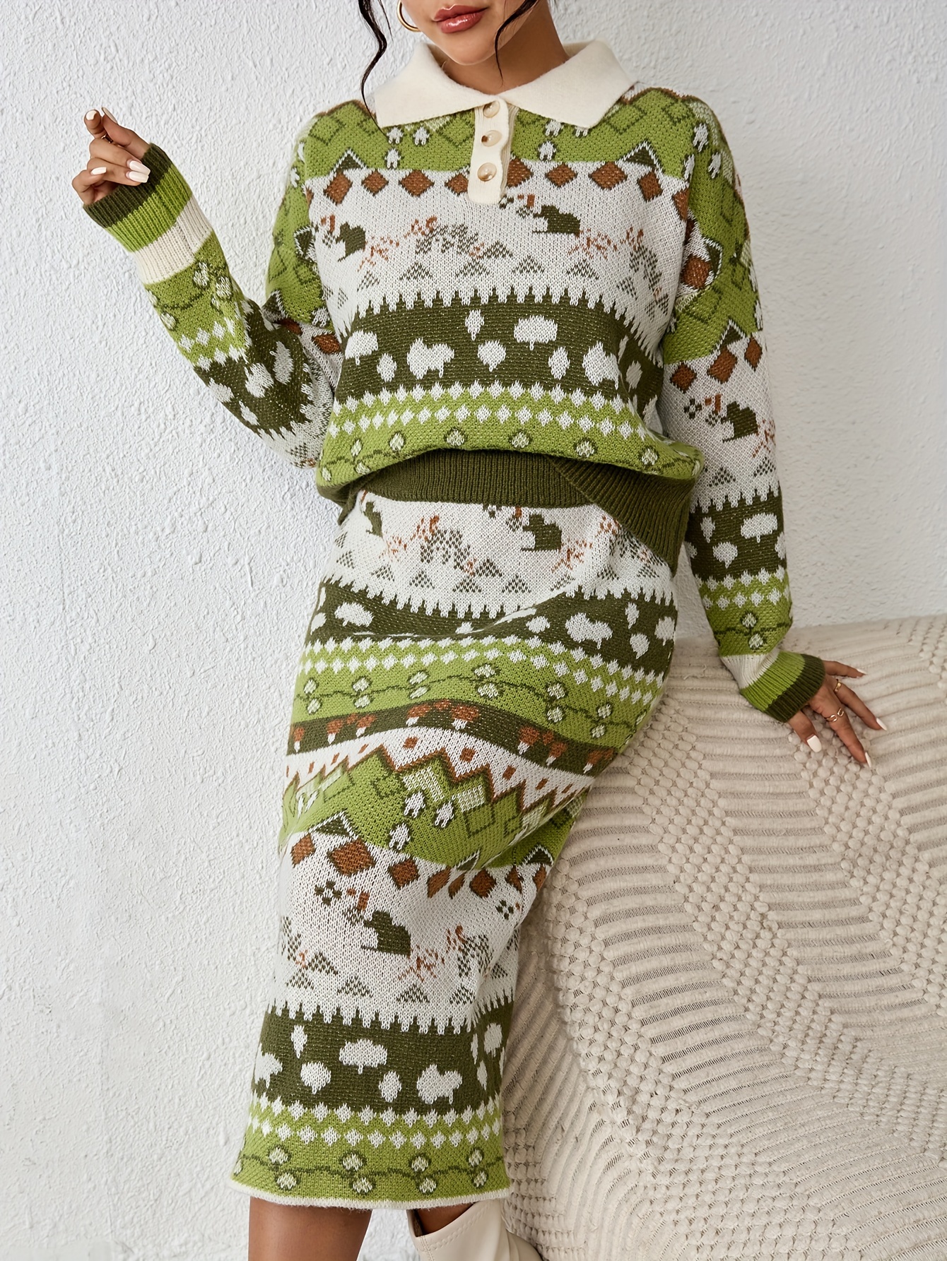 幾何学模様のニット スカート 2 点セット、長袖襟付きセーター