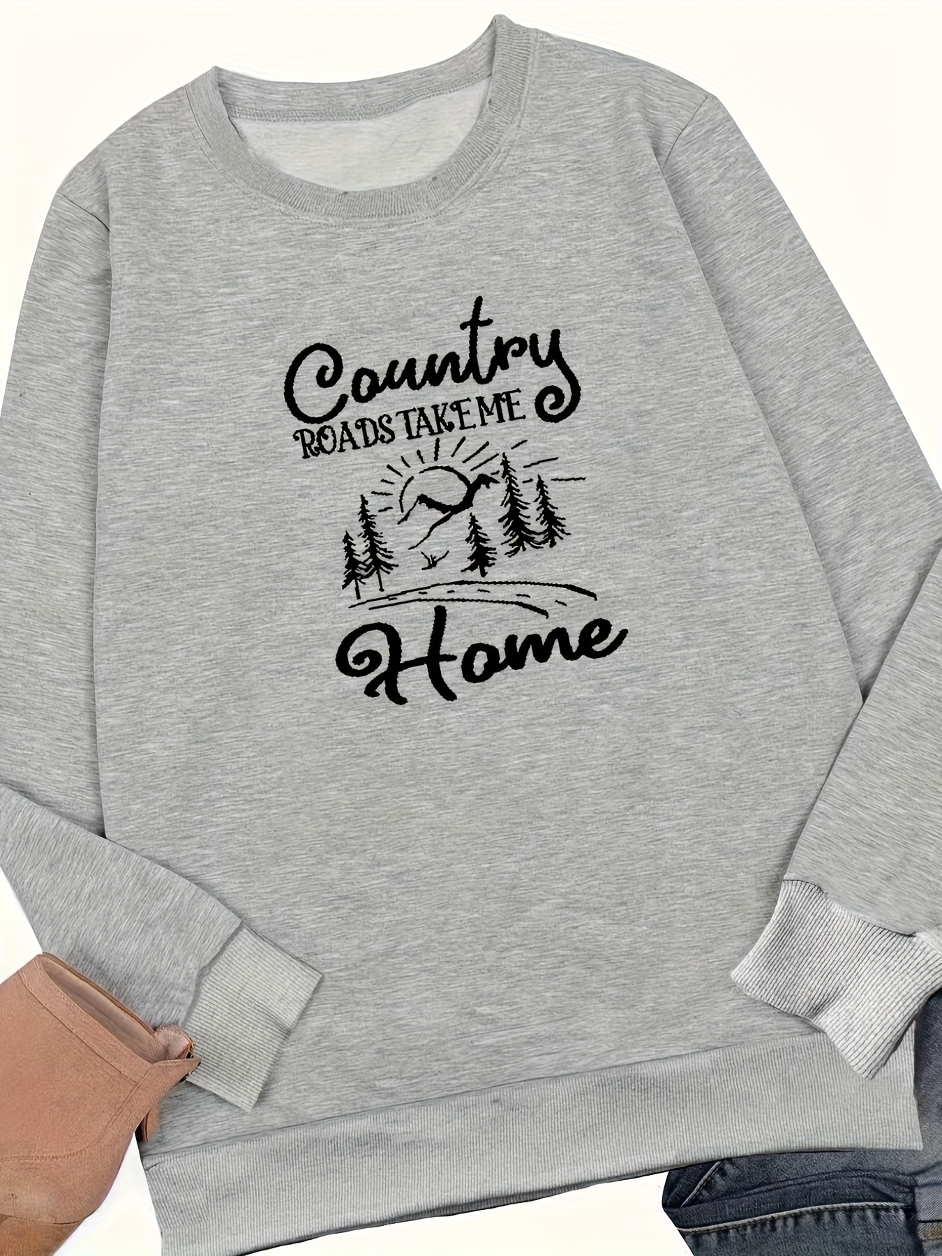 Letter Country Road Print Sweatshirt Casual Long Sleeve Crew Neck Sweatshirt For Fall Winter Women s Clothing