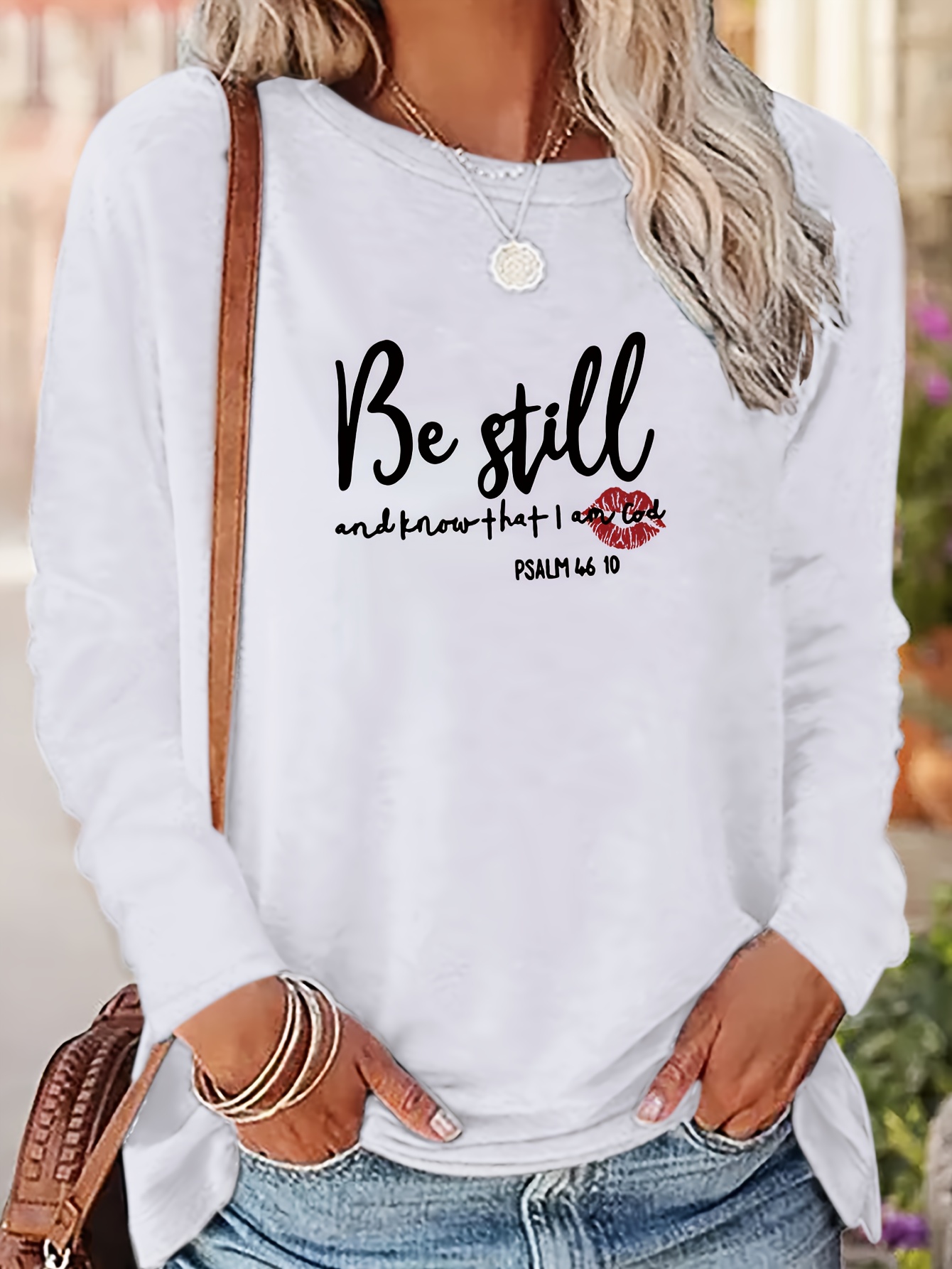 Camiseta Estampado Labios Letras Top Casual Manga Larga - Temu