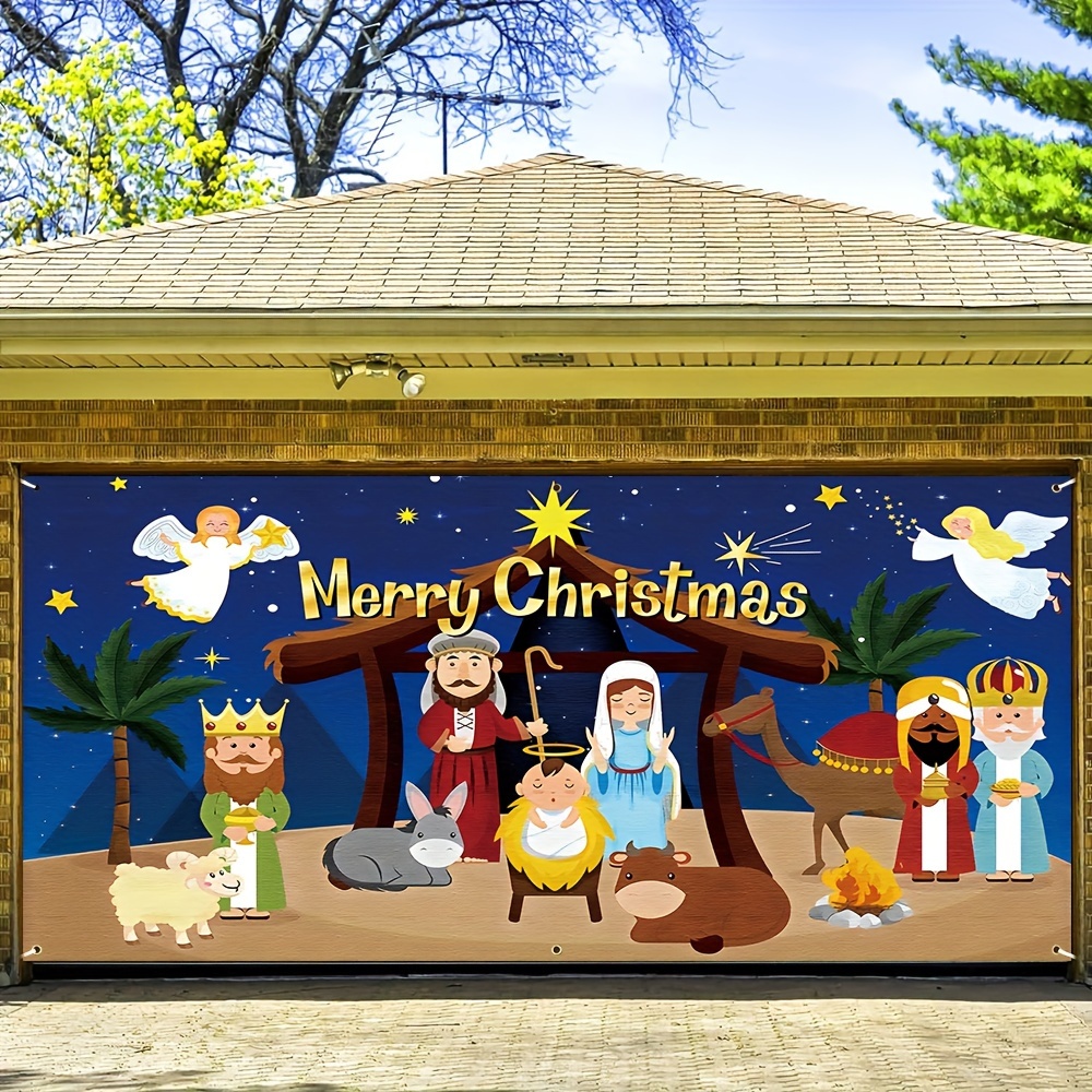 1pc, Christmas Banner Garage Door Banner, Polyester Nativity Scene Winter  Indoor Outdoor Decoration Supplies New Year Yard Holiday Party Backdrop