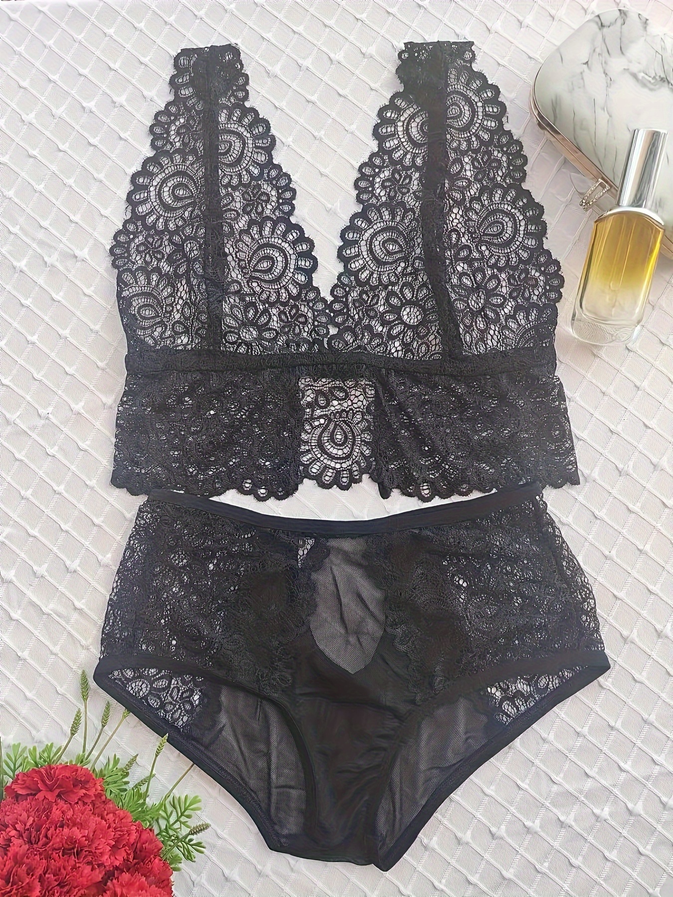 Floral Lace Lingerie Set, Cut Out Bra & Panties, Women's Sexy Lingerie &  Underwear