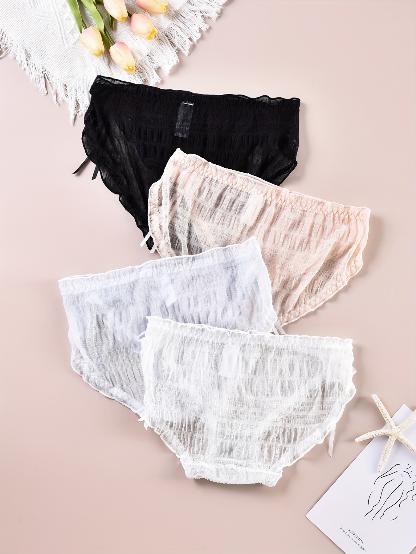 4pcs Bowknot Detail Briefs, Sweet & Cute Ruffle Trim Mesh Panties, Women's  Lingerie & Underwear