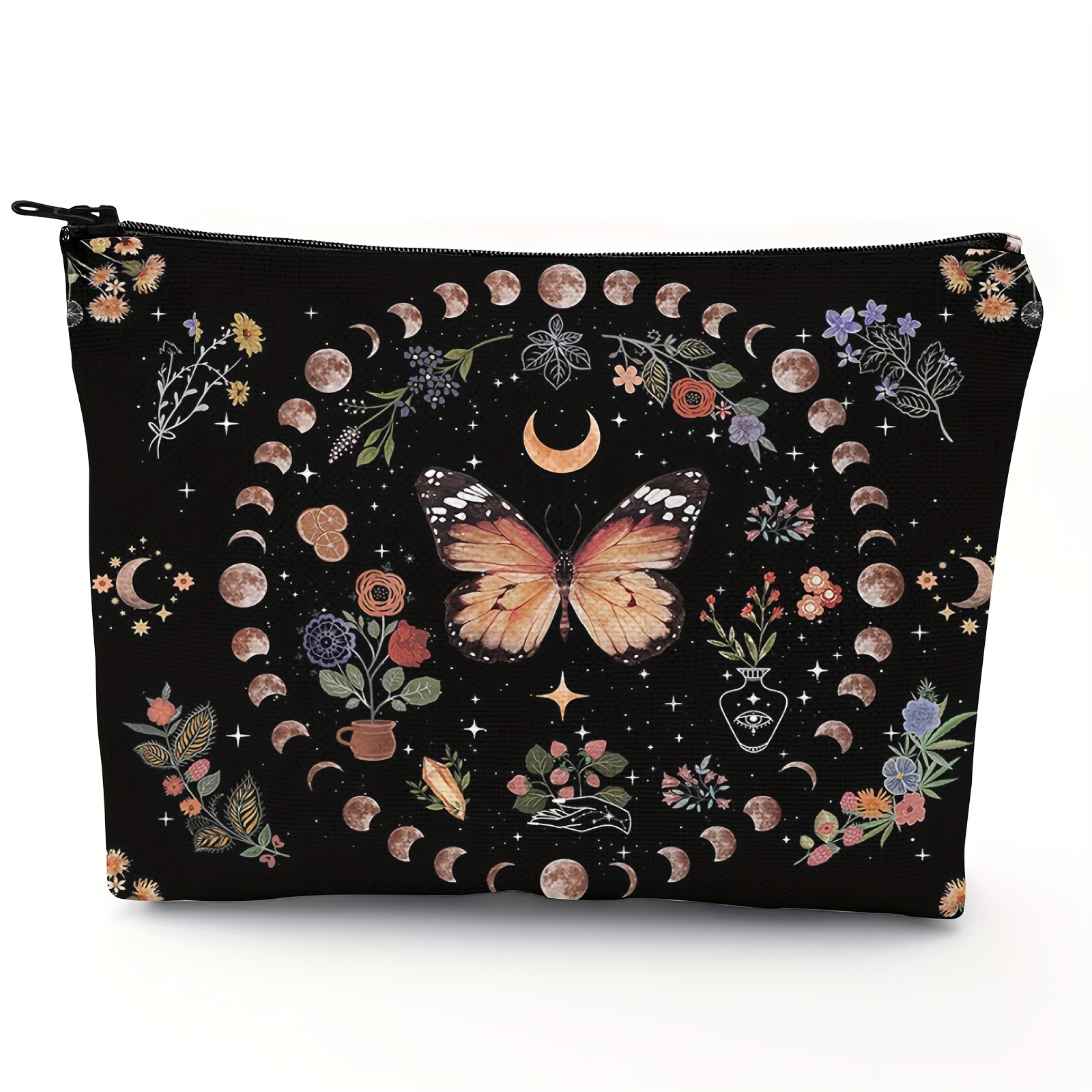 

Butterfly Moon Flower Makeup Bag Zipper Pouch, Polyester Cosmetic Travel Bag, Toiletry Case Multi Functional Pouch Gifts For Friends