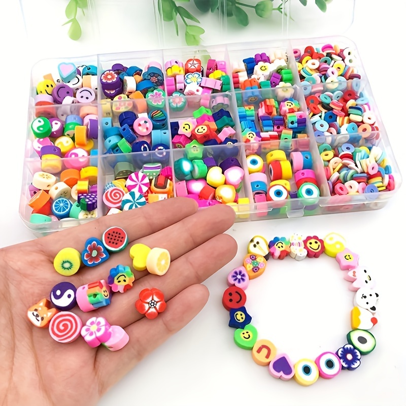 1000PCS Polymer Clay Beads Bracelet Making kit, 24 Style Cute Fun Beads  Fruit Flower Animal Cake Butterfly Heart Beads Charms for Jewelry Necklace