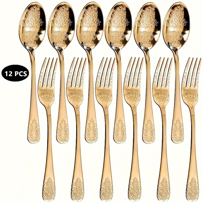 12pcs Stainless Steel Cutlery Set - 6 Forks & 6 Spoons, , Dishwasher Safe For Home, Kitchen, And Restaurant Use