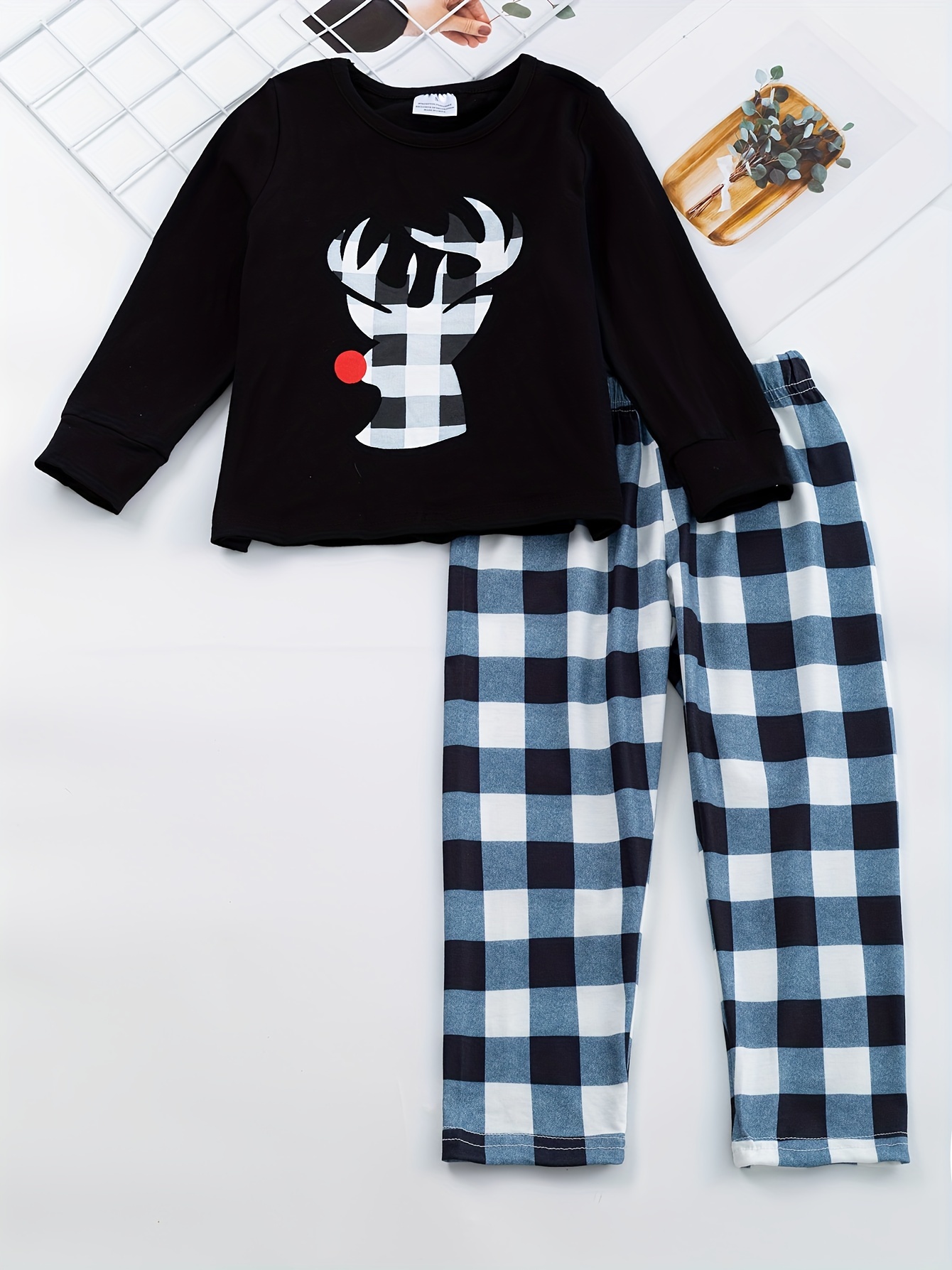 Girls Casual Christmas Elk Plaid Print Cotton Pajamas Set - Temu Australia