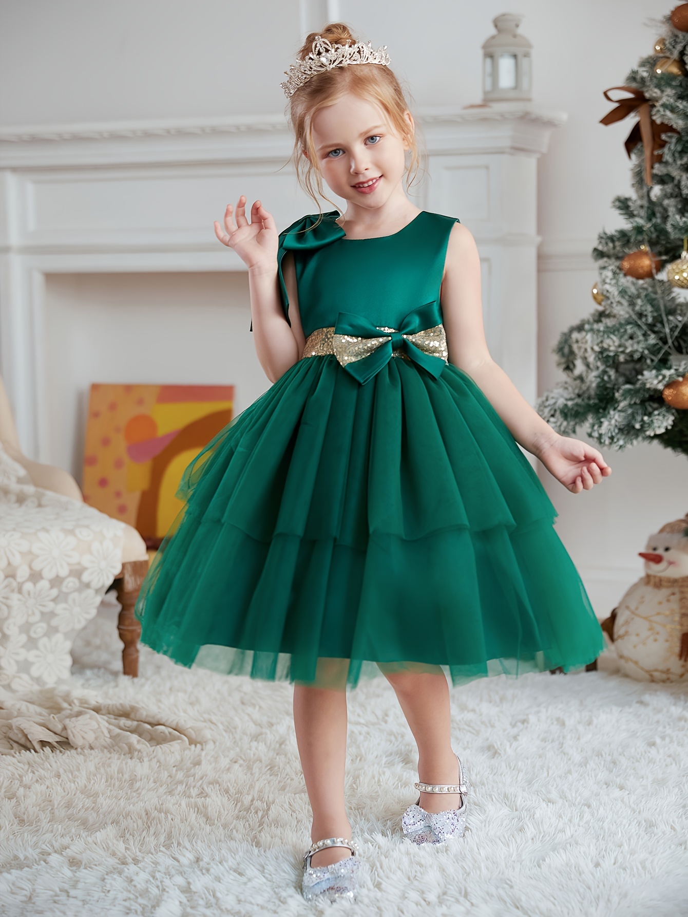 girls elegant christmas tutu dress green tulle princess gown - Temu