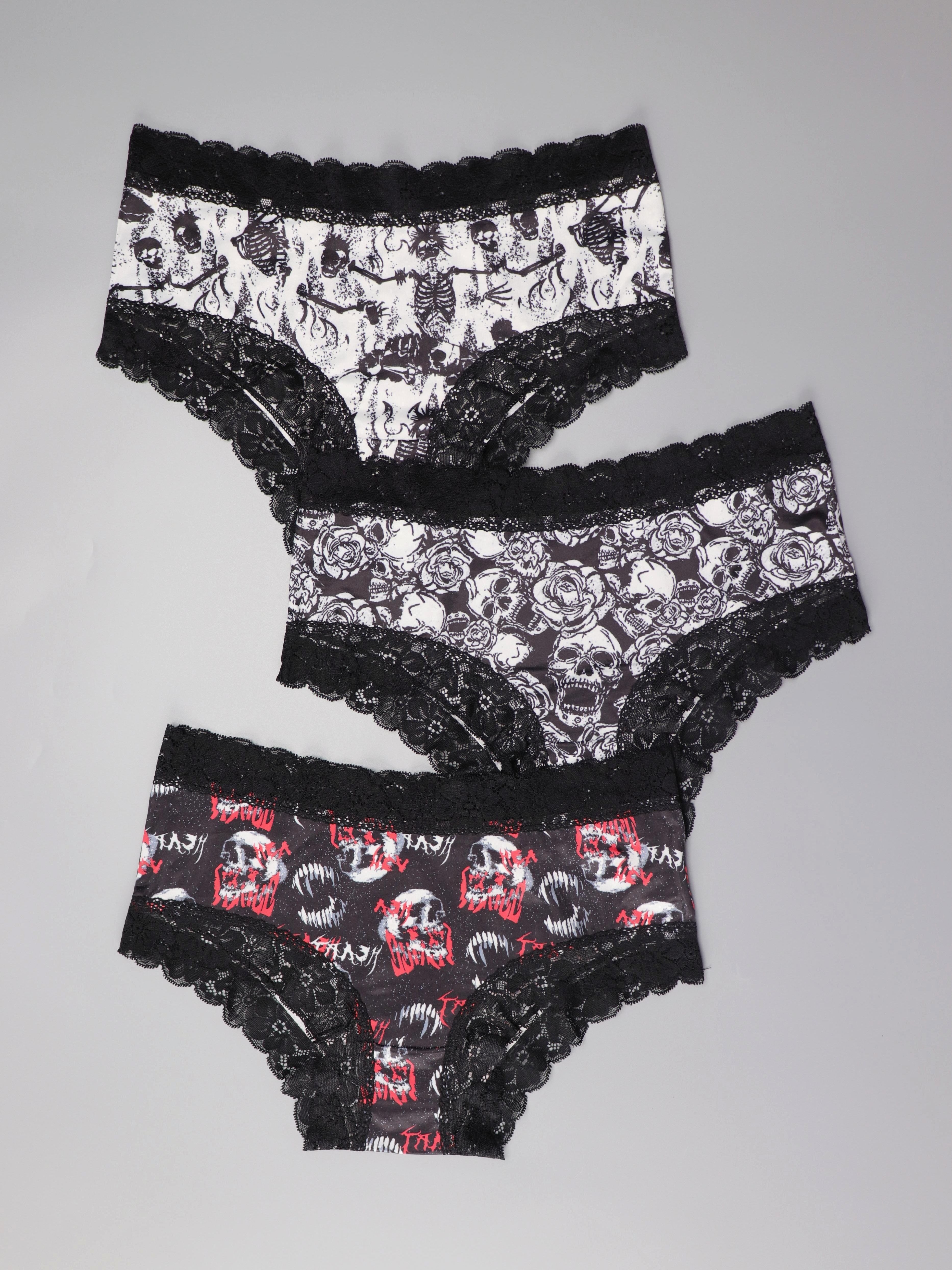 1 Pc Punk Gothic Style Boyshort Panty, Skull Print Contrast Trim Intimates  Boxer Shorts, Women's Lingerie & Underwear