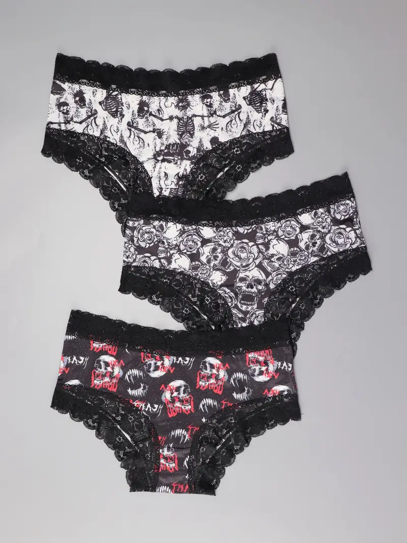 Gothic Contrast Lace Hipster Panties Halloween Skull Print - Temu New  Zealand