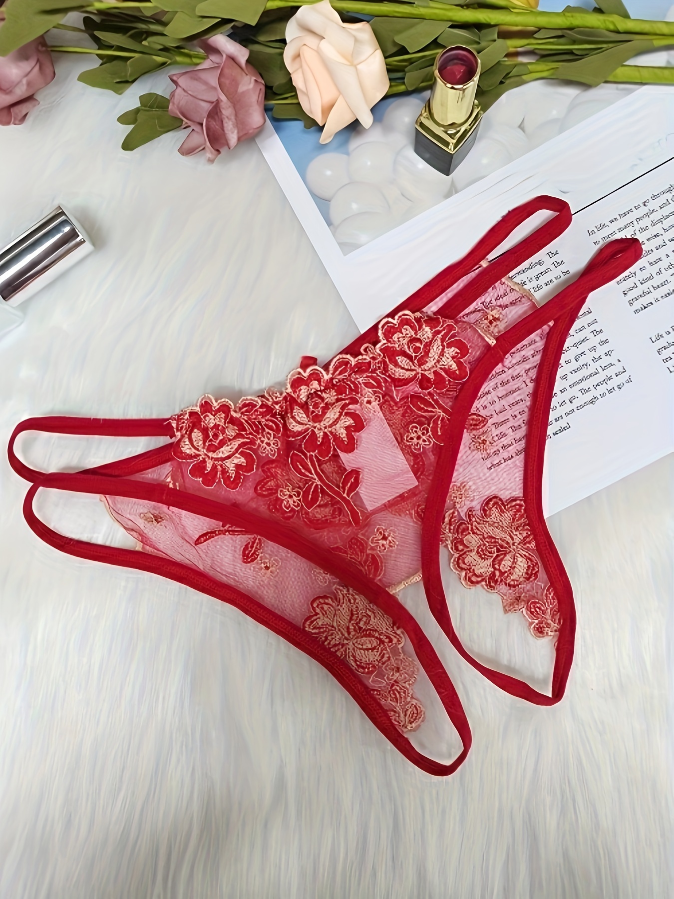 Women Low Waist Sexy Flower Embroidery Hollow Out Transparent  Mesh Thong Open Crotch Underwear Women New Years Eve Outfit (@-Purple, One  Size) : Clothing, Shoes & Jewelry