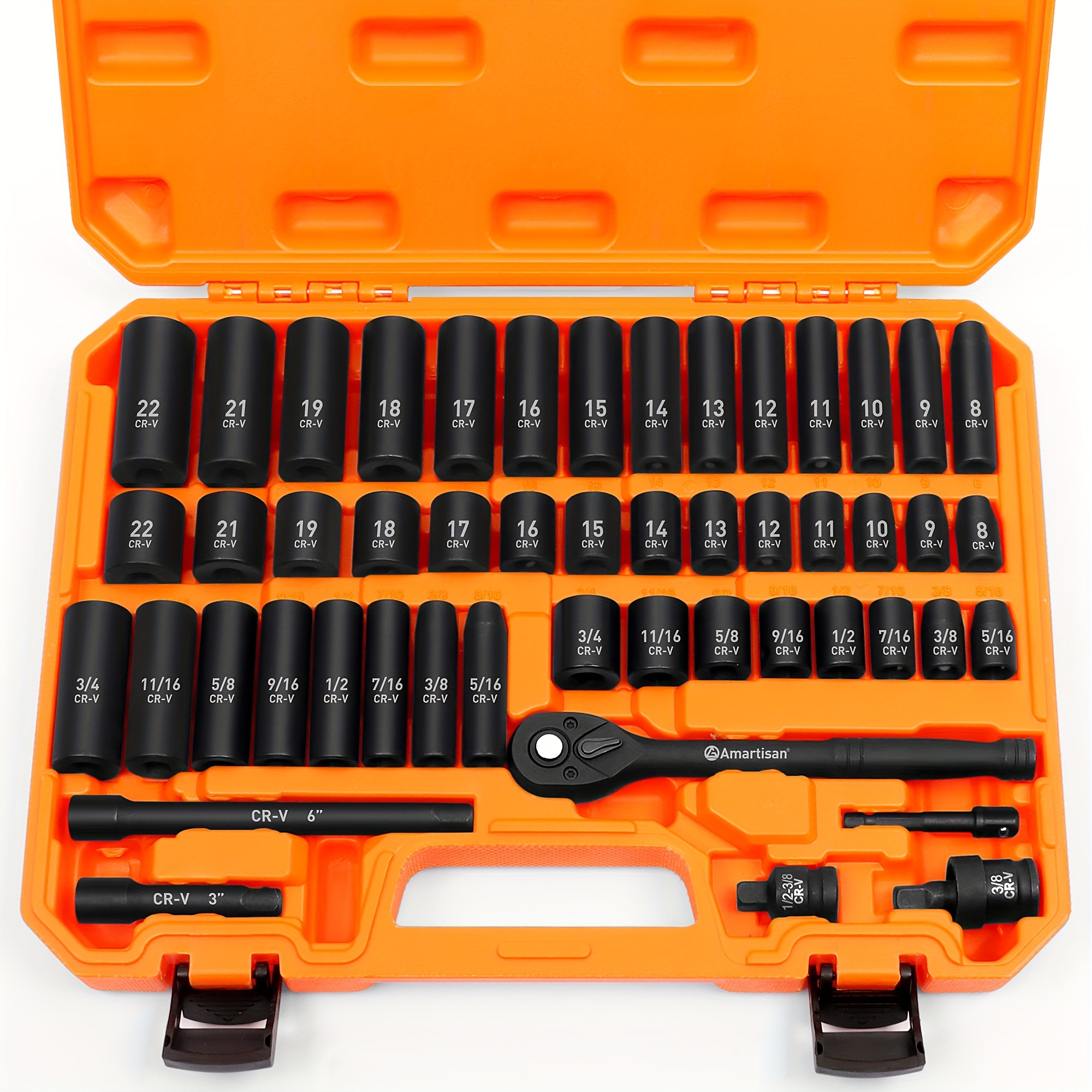 

50pcs 3/8" Drive Impact Socket Set, 6 Point, 50pcs Standard Metric (8-22mm) And Sae (5/16 Inches To 3/4 Inches) Cr-v Steel Sockets With Adapters & Ratchet Handle