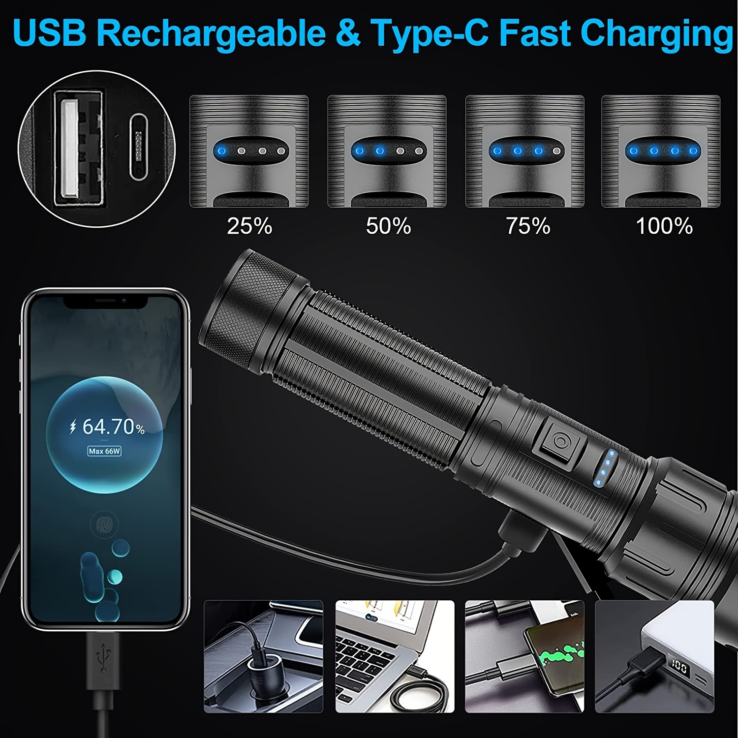 Flashlights Rechargeable, Super Bright 900000 Lumens Flashlights with USB  Cable, Brightest LED Flashlight for Emergencies, IPX6 Waterproof 7 Light
