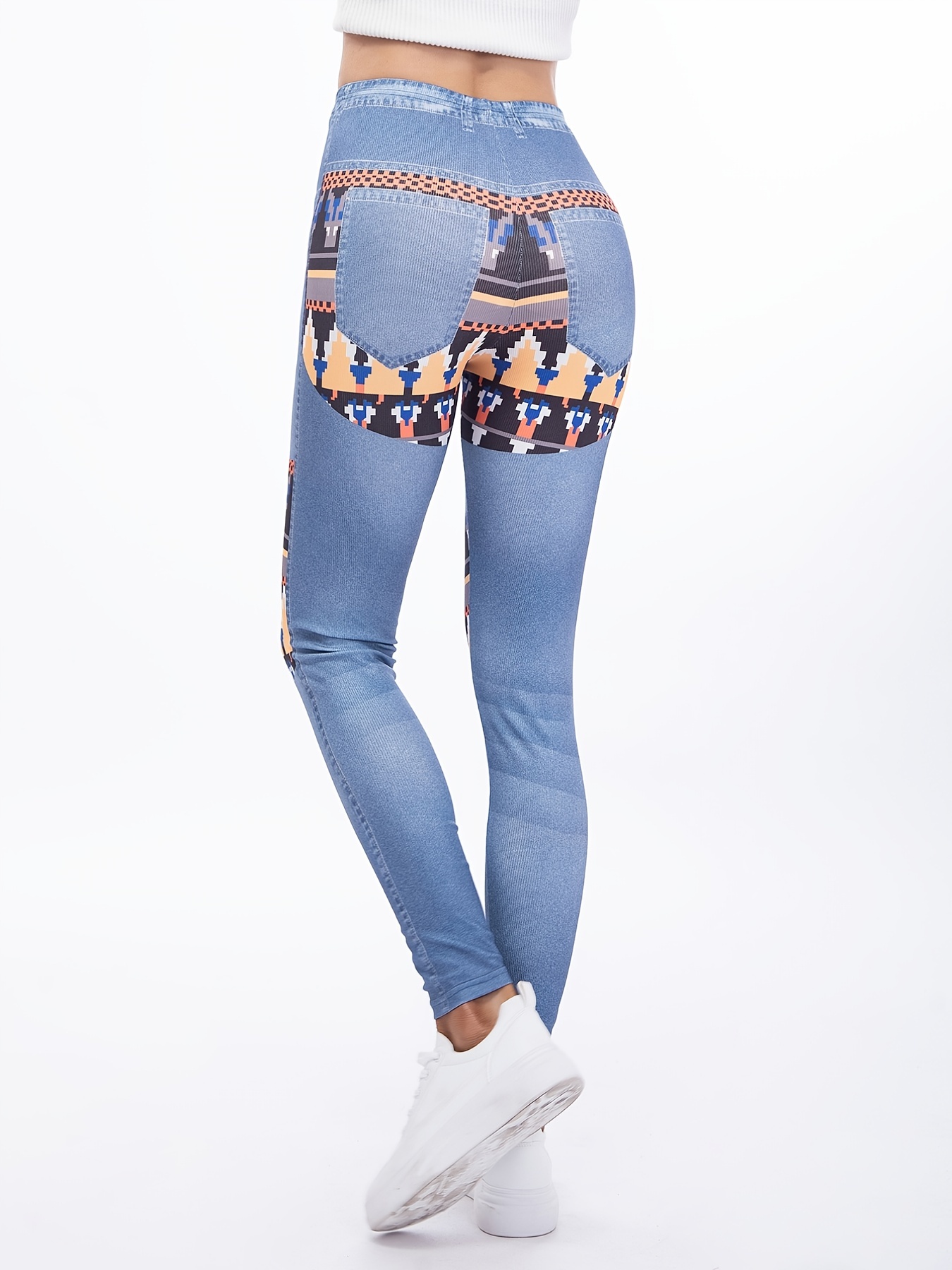 Women's Leggings Faux Denim Floral Printed Yoga Pants Casual - Temu