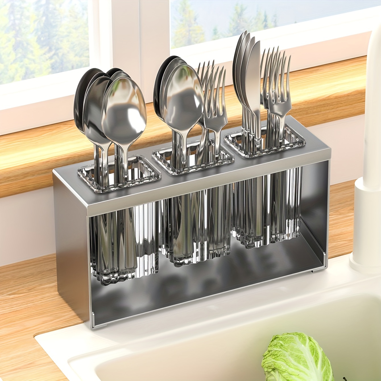 Stainless Steel Cutlery Rack Kitchen Countertop Drainer Utensil Holder  Spoon Knives Fork Storage Organizer Accessories Container