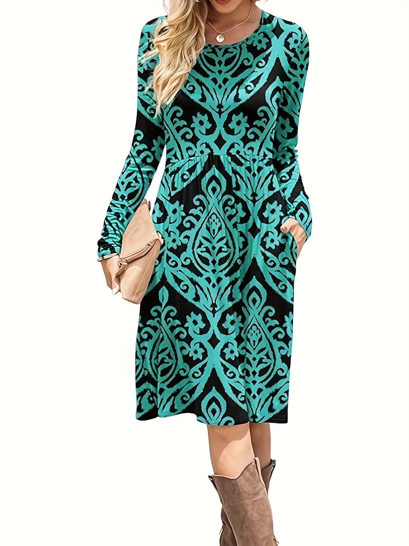 allover print crew neck dress casual long sleeve dress womens clothing