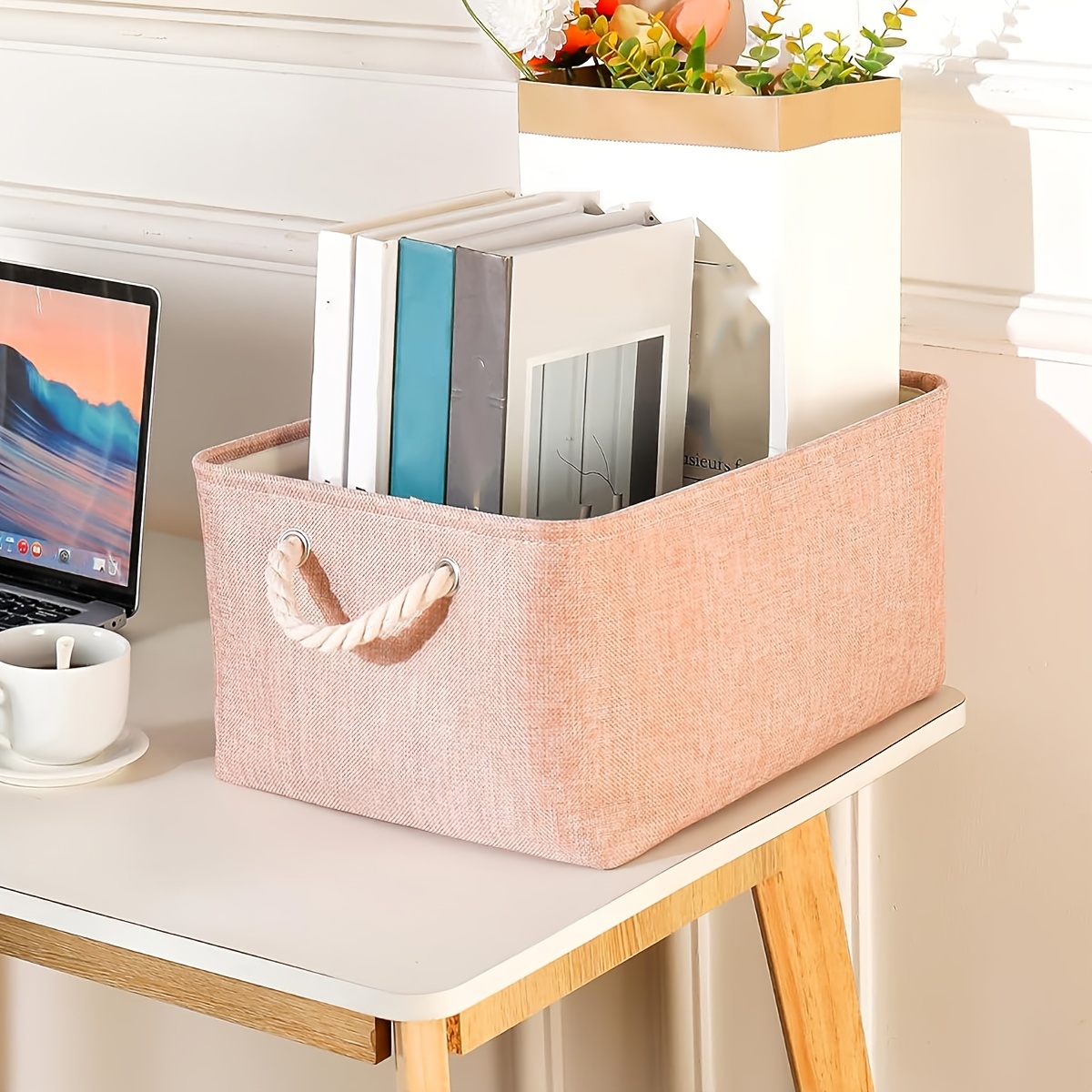 Arcon almacenaje de tela plegable rosa con motas - Librería Kolima