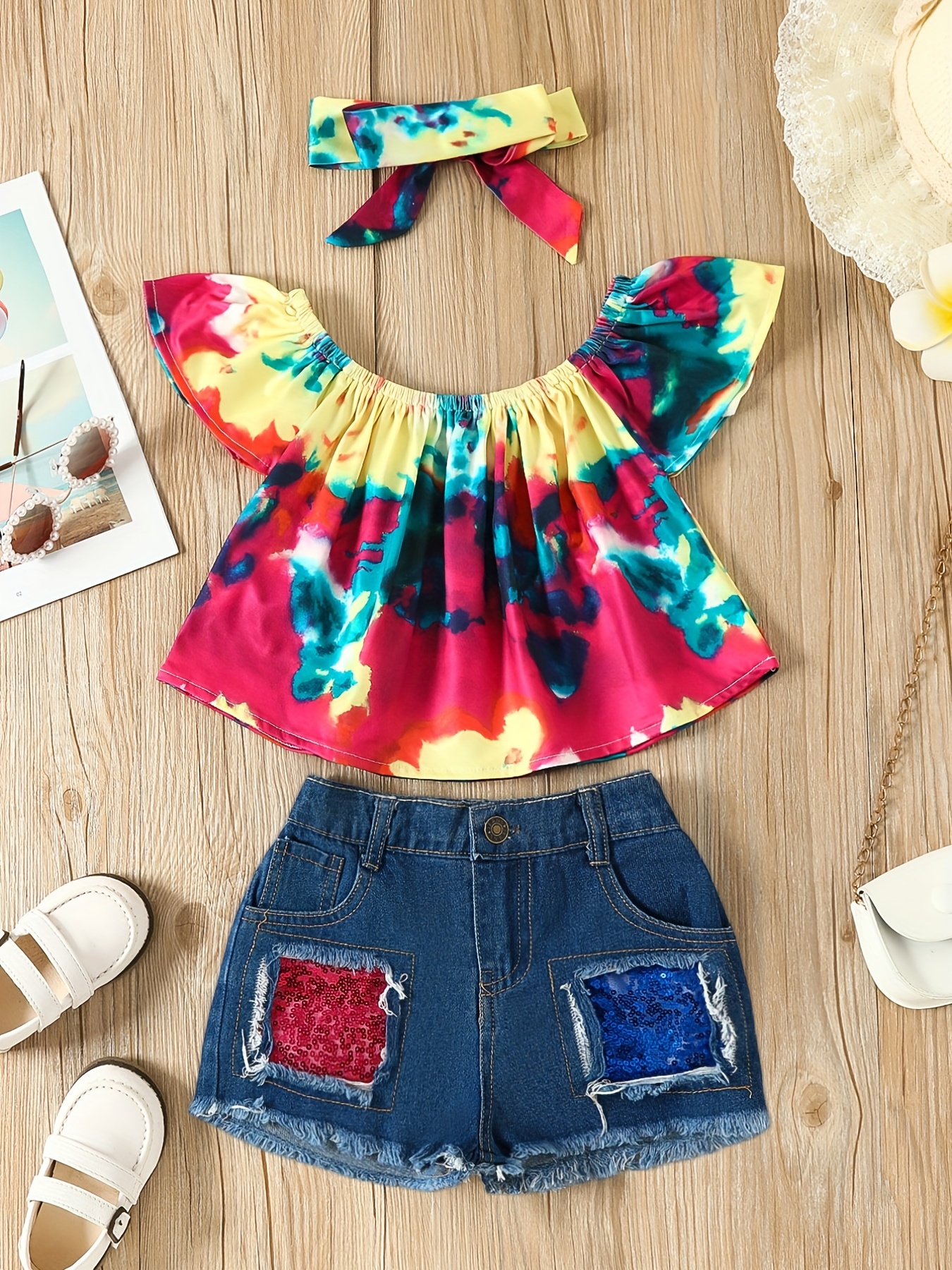 Baby Girls Shoulder Tie Dye Short Sleeve Tops Sequin Denim - Temu Canada