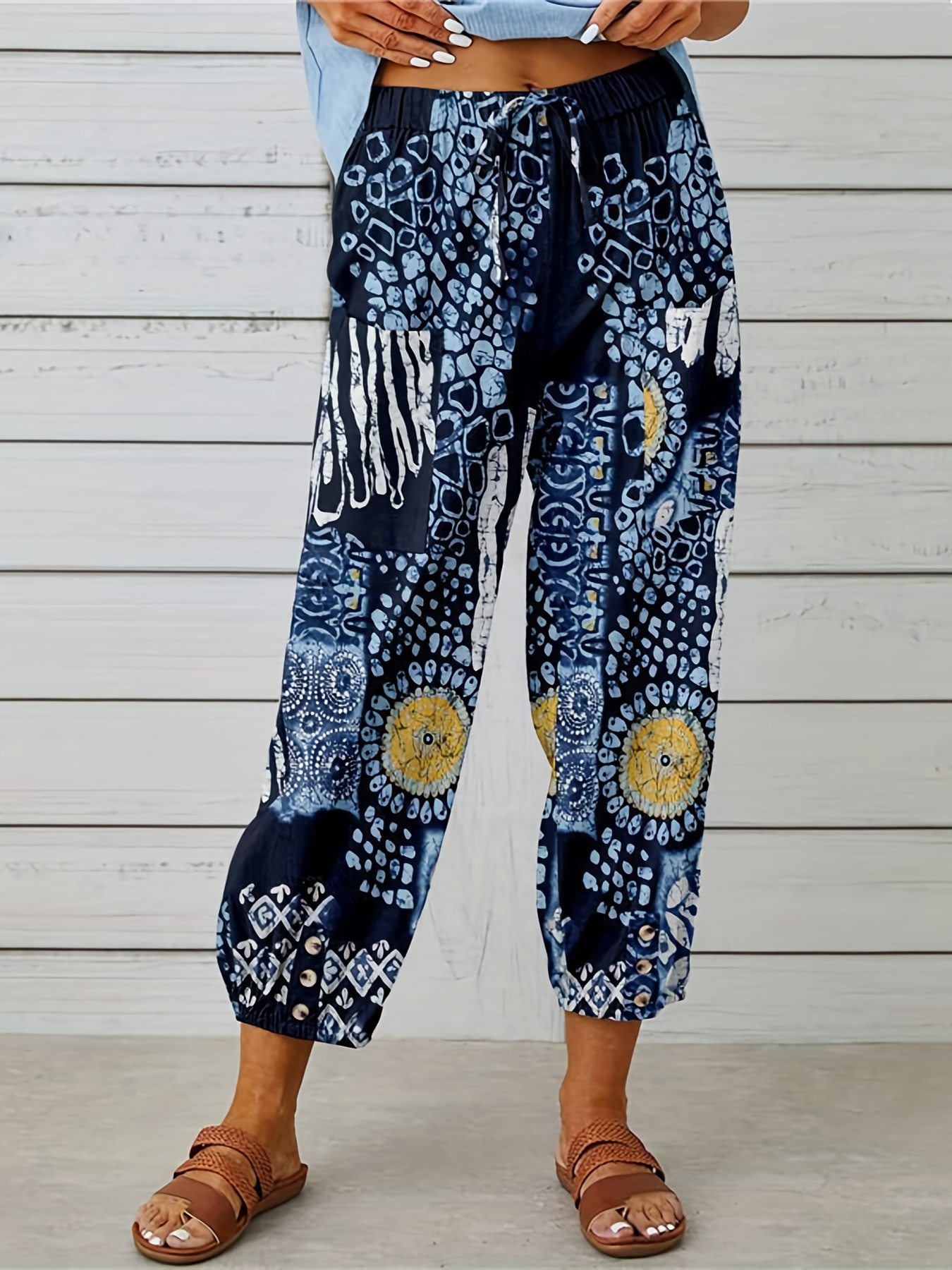 Leaf Print Cropped Pants Casual Pants Spring - Temu