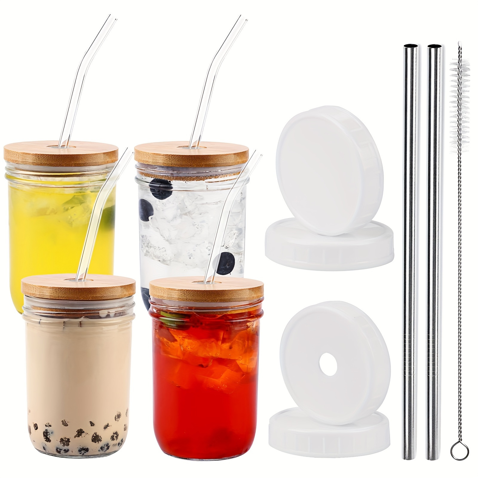 6 Pack 470ml Glass Jar with Bamboo Lids and Straws Drinking Glass
