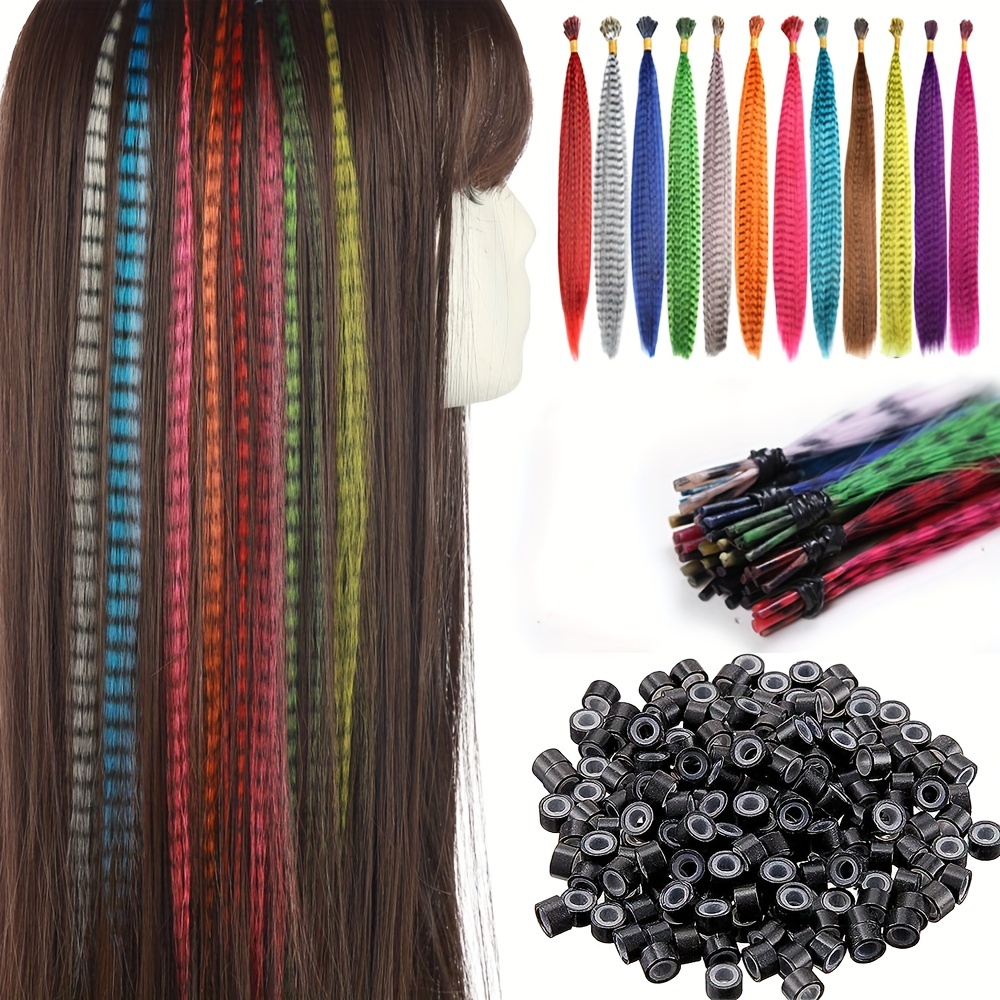 65 Pcs Hair Feathers with Hair Extension Tools, 13 Colors Long Straight  Synthetic Hair Feather Extensions Kit with Microlink Beads for Women Girls